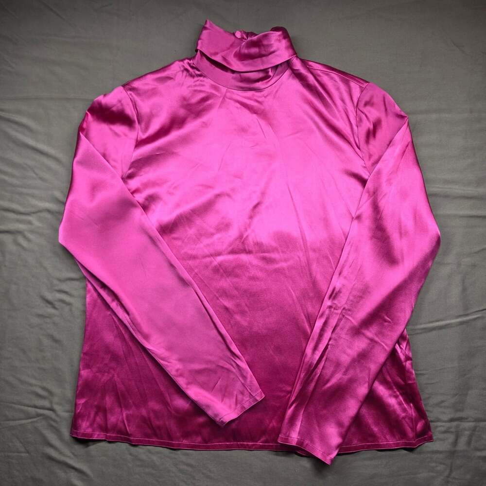 Linda Allard Ellen Tracy Silk Blouse Fuchsia Pink Mock Neck Women's 14 Back Zip